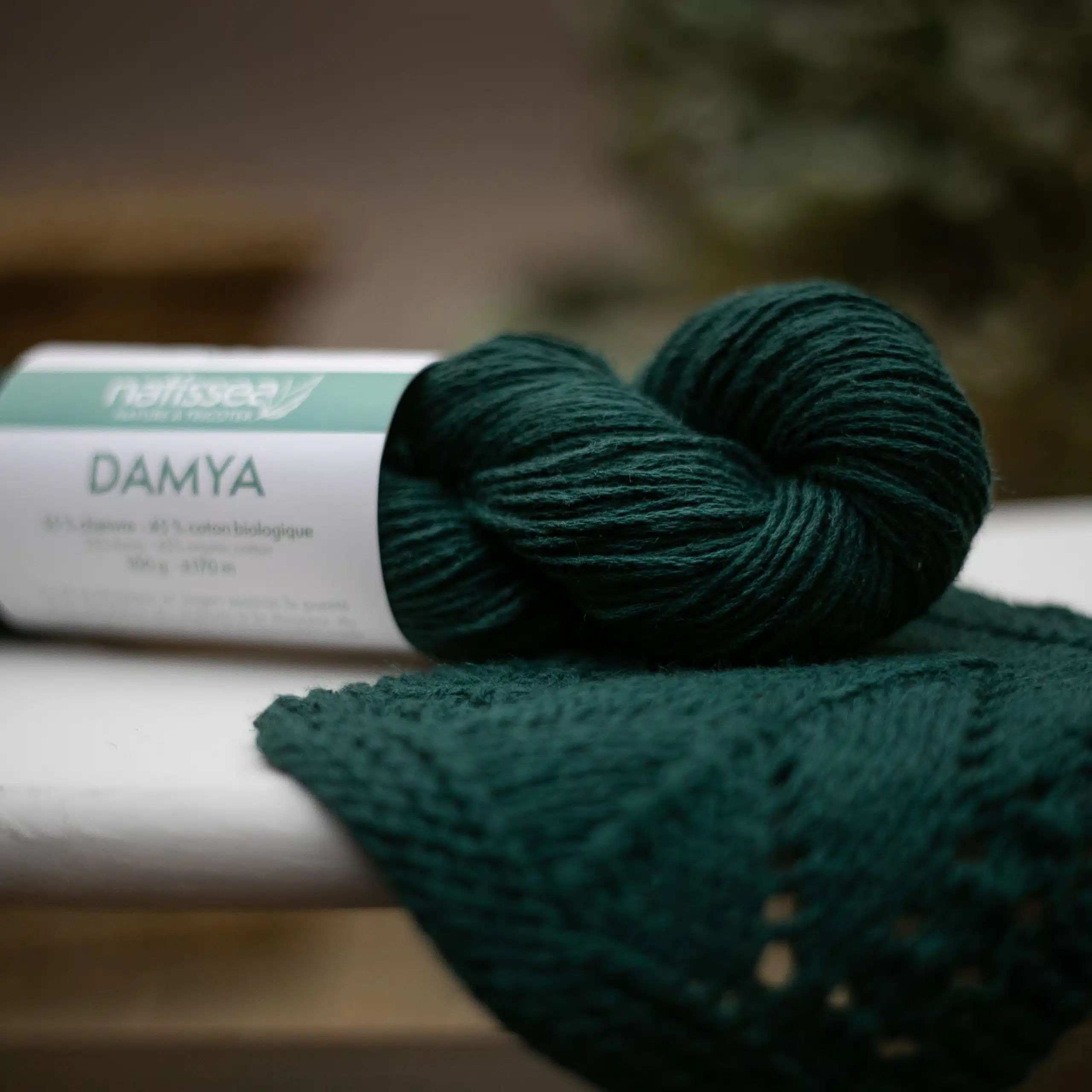 Damya Vert foret, fil végétal à tricoter en chanvre et coton bio