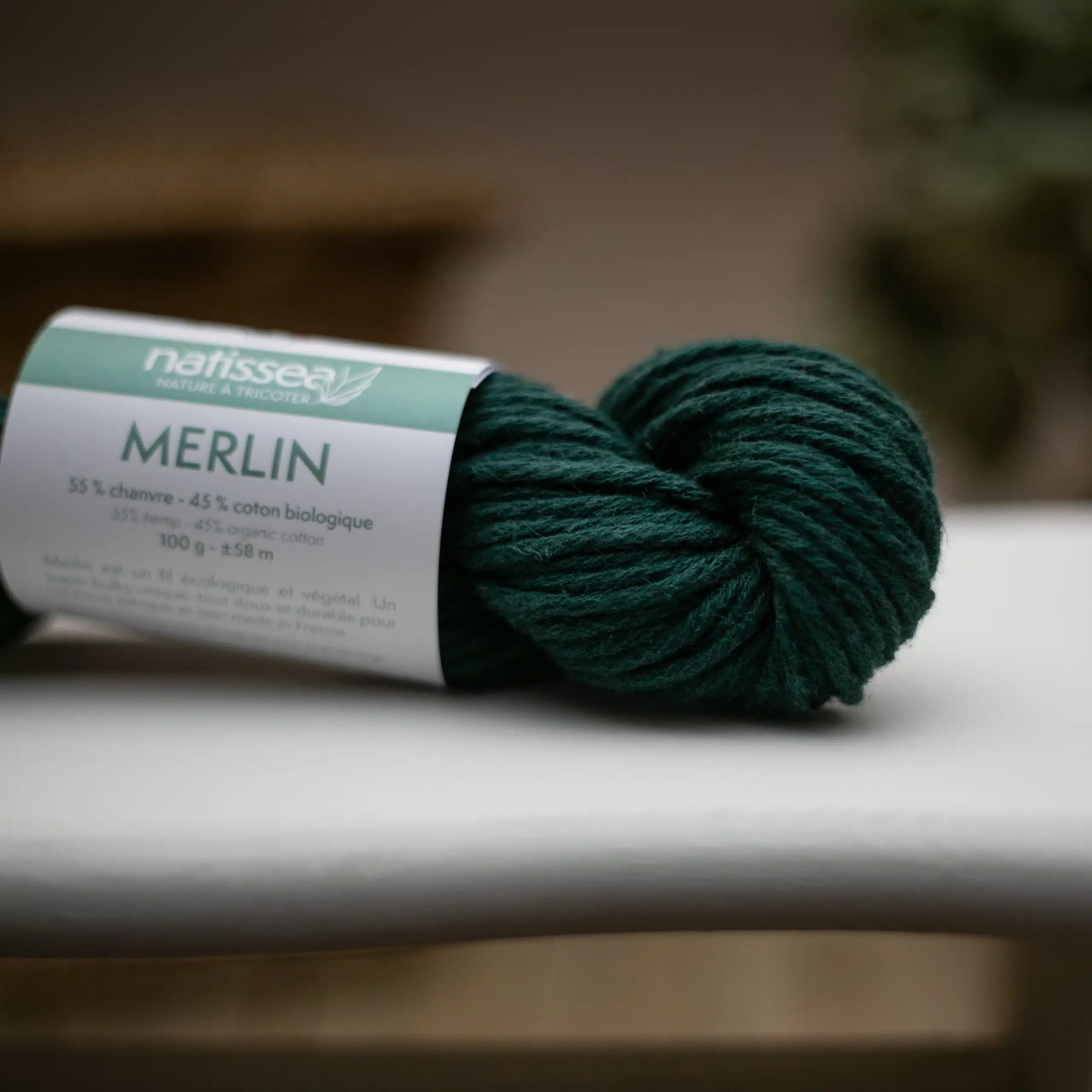 Merlin Vert foret, fil végétal à tricoter en chanvre et coton bio