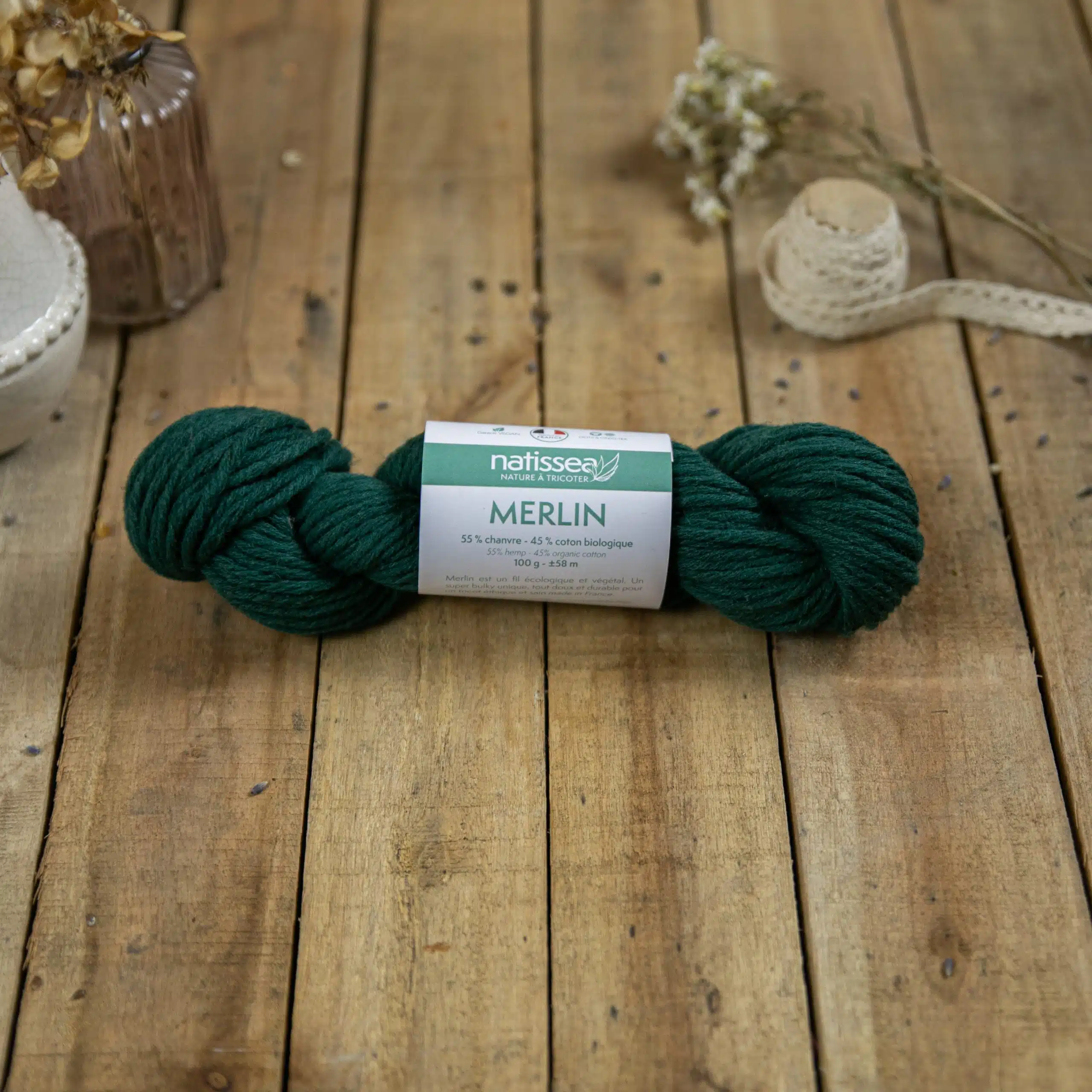 Merlin Vert foret, fil végétal à tricoter en chanvre et coton bio