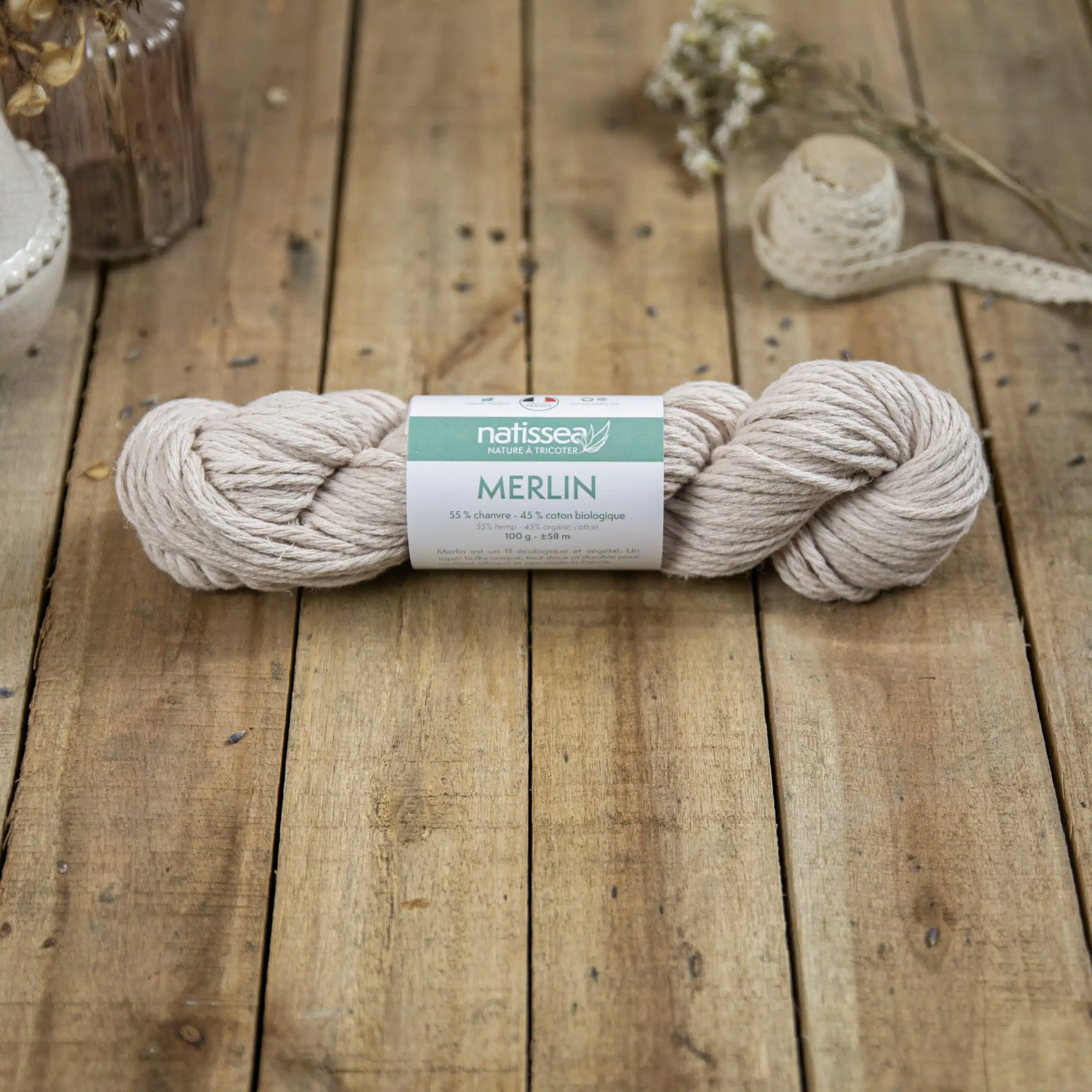 Merlin Nude, fil végétal à tricoter en chanvre et coton bio