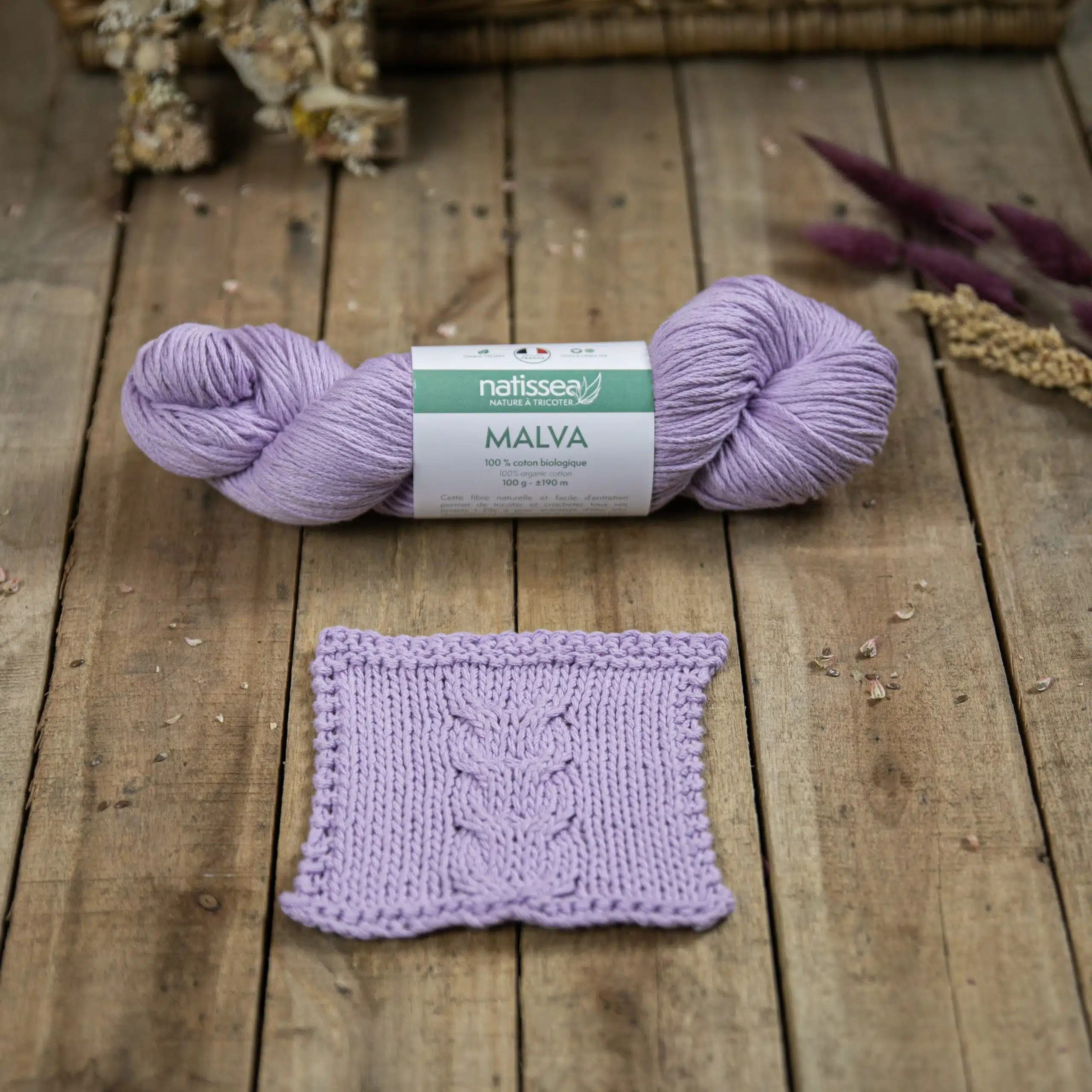 Malva Lilas, fil végétal à tricoter en coton bio