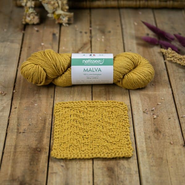 Malva Moutarde, fil végétal à tricoter en coton bio
